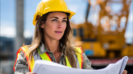 Female civil engineer reviewing blueprints with focus and determination at construction site
