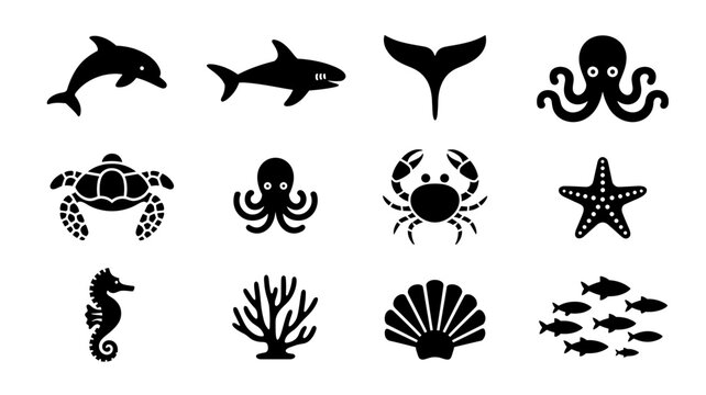 Silhouette sea creatures icons: ocean life collection featuring marine animals