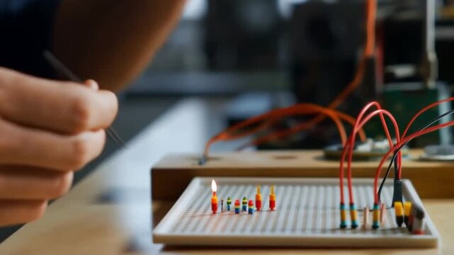 Close-up of hands assembling electronic components on a breadboard