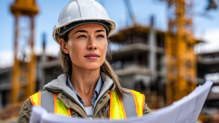 Female civil engineer reviewing blueprints at construction site, focused and determined