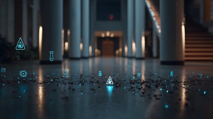 Glowing scientific symbols on a polished floor.