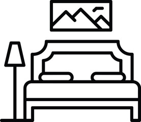  icon of a bedroom, featuring a bed with a fancy headboard, a floor lamp, and a painting, a modern vector illustration.
