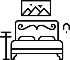  icon of a bedroom, featuring a bed with a fancy headboard, a floor lamp, and a painting, a modern vector illustration.