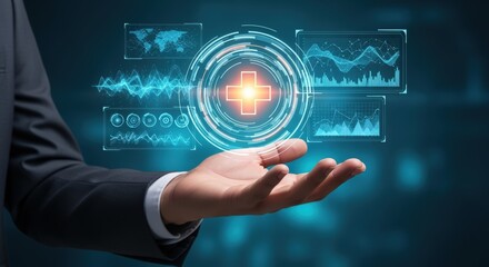 Healthcare Technology Innovation: Man Presenting Medical Data Interface, Digital Health Solutions Concept