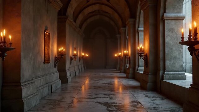 Ancient vaulted corridor in a medieval castle filled with mysterious atmosphere and lit by candles