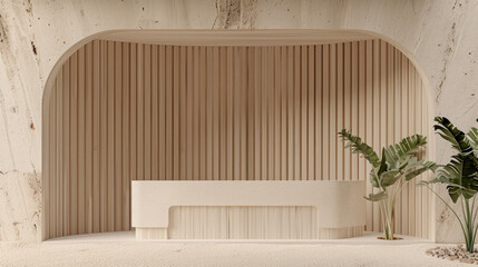 Modern minimalist interior with wooden textures and greenery in a serene atmosphere perfect for relaxation and professional settings