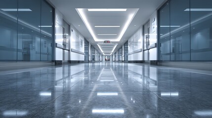 Fototapeta premium Empty hospital corridor with polished floor and glass walls.