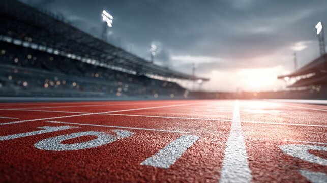 Athletics Track at Stadium Perspective with Lane Markings and Empty Seats, Symbolizing Competition and Achievement