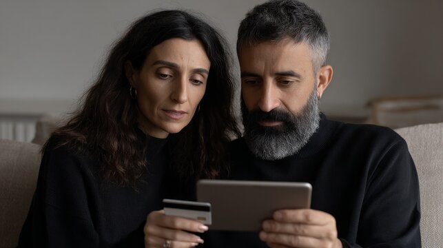 Happy multiethnic mature couple sitting on a couch, engaging with a tablet while holding a credit card in a cozy home setting