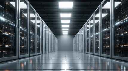 Obraz premium Beautiful photo of modern data center with rows of illuminated server racks in a clean, high-tech environment.