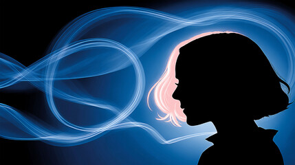 Silhouette of a woman with flowing light effects in a dark background, representing creativity