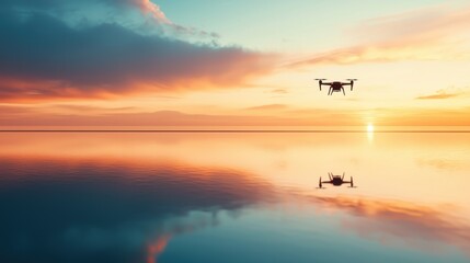 A drone flies over a serene body of water at sunset, reflecting the colorful sky and creating a tranquil atmosphere.