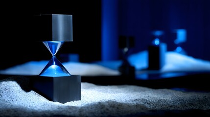 Hourglass with a dark base on a bed of simulated dust.