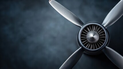 A close-up image of an aircraft propeller against a dark background, showcasing its metallic details and intricate design.