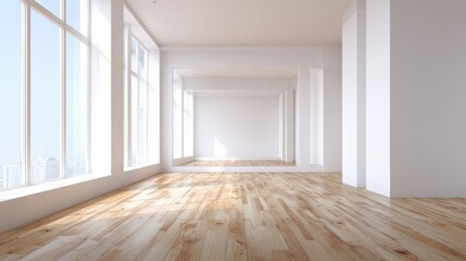 Obraz premium Bright Empty Modern Room with Hardwood Flooring and Large Windows Offering City View