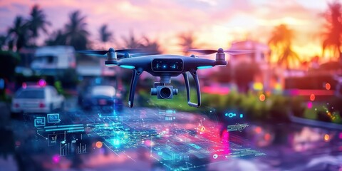 A drone hovers over a vibrant urban scene, displaying digital graphics and technology, set against a colorful sunset backdrop.