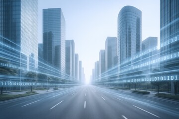 Futuristic Cityscape with Data Streams and Modern Architecture Representing Digital Connectivity and Urban Innovation