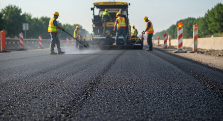 Low-angle view of fresh asphalt with workers and machinery in the background.
