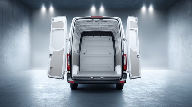 Empty Cargo Van with Open Doors in a Clean, Well-Lit Studio Environment