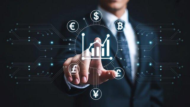 Businessman pointing at a digital financial chart with currency symbols and data connections