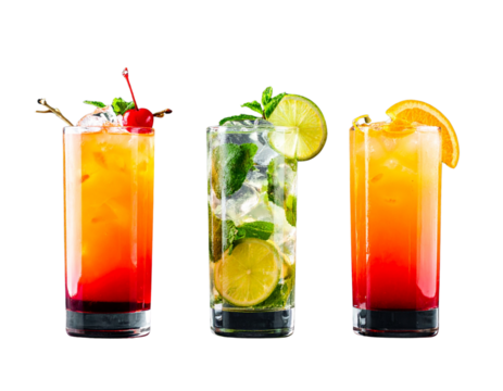 Harvey Wallbanger, Tom Collins, Tequila Sunrise Cocktails in Tall Glasses, side-by-side lineup, isolated transparent background png