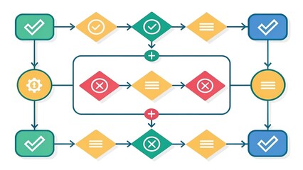 Decision-Making Flowchart with Conditional Paths, Check Marks, X Marks, and Gear Icon Representing Workflow Logic