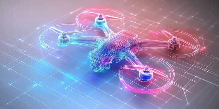A futuristic drone depicted in a neon wireframe style, set against a digital background with grid patterns and vibrant colors.