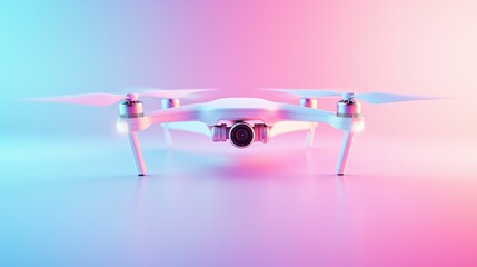 A sleek, modern drone with a camera, illuminated in vibrant pink and blue hues, showcasing its futuristic design against a smooth background.