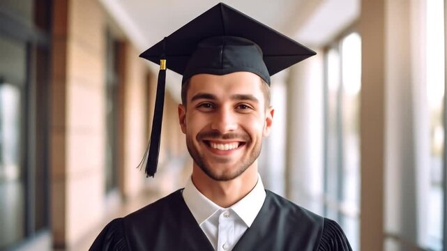Happy Graduating Student in Gown Smiles at Camera in University Hall.