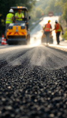 Low-angle view of fresh asphalt with workers and machinery in the background.
