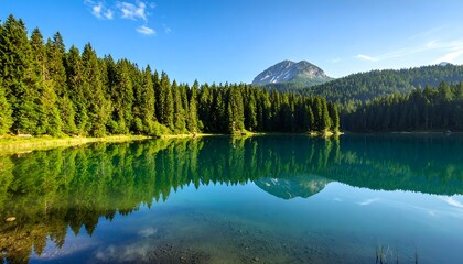 Calm lake reflecting a mountain and forest under a clear sky