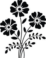 silhouette of three flowers on stems with leaves, a delicate and elegant black and white vector illustration, decorative floral design element.