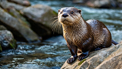 Obraz premium Wild otters on the rocks