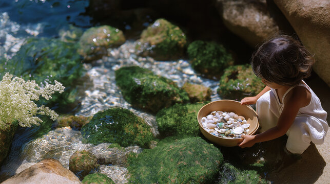 Child exploring tide pool with shells and natural coastal scenery