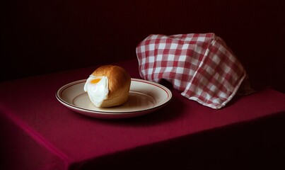 Egg and bread on burgundy surface