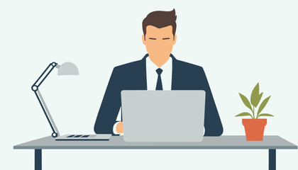 Businessman Working Laptop Desk Minimalist Illustration