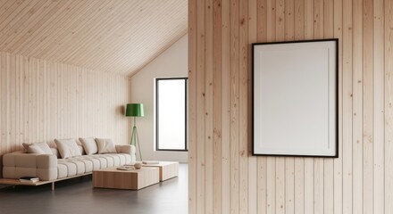 Modern Living Room Interior with Wooden Walls, Sofa, Picture Frame, and Natural Light for Home Decor Mockup