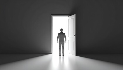 Obraz premium Man entering bright doorway.