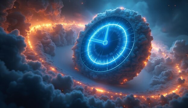 Glowing Clock Embedded in Swirling Clouds with Fiery Trails - Powered by Adobe
