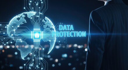 Data Protection Concept with World Map and Businessman Silhouette on Cityscape Background, Illustrating Cybersecurity