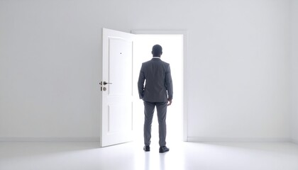 Man in suit facing open bright door.