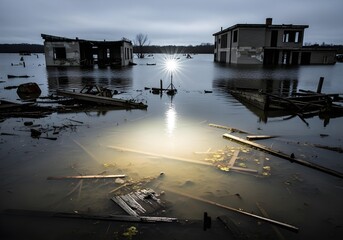 Sunset over flooded coastal road with submerged cars after extreme storm illustrating climate change and rising sea levels