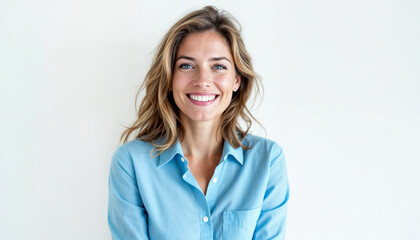 Obraz premium Portrait of smiling white woman, light brown hair, wearing light blue shirt on white background. 