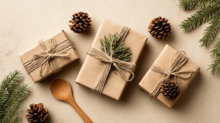 Holiday Presents with Rustic Brown Paper Wrapping, Pinecone Decorations, and Natural Twine on Beige Backdrop