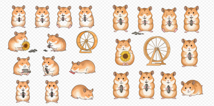 An illustrated collection of cute hamsters in various poses, eating sunflower seeds, sleeping, and with a wheel.
