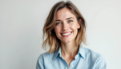 Portrait of smiling white woman, light brown hair, wearing light blue shirt on white background.
