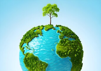 Minimal 3D Earth with lush green continents and tree on top symbolizing Earth Day sustainability and environmental protection