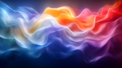 Obraz premium An abstract digital art piece featuring flowing, undulating waves of textured light. The image transitions from deep blue and purple tones at the bottom to vibrant reds, oranges, and yellows 