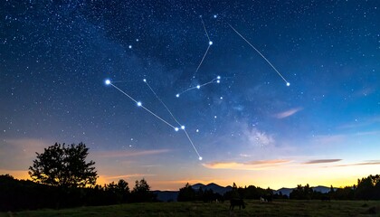 Night sky with constellations and landscape