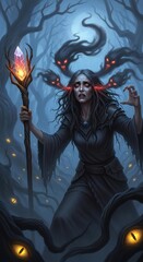 Obraz premium Fantasy Witch in Dark Forest with Crystal Staff and Mystic Specters